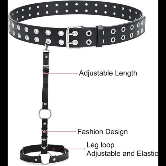 Double Grommet Leather Belt with Detachable Chain for Women Men SUOSDEY Punk Roc main image 4